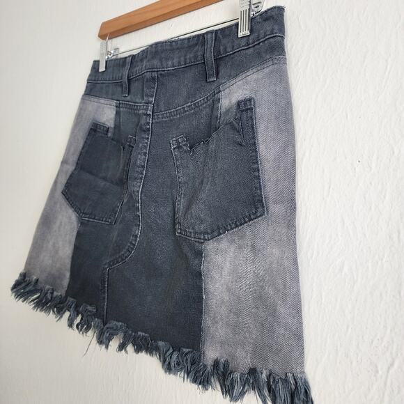 Free People Two-Tone Patchwork Distressed Denim Frayed Hem Fringe Skirt Small S - Picture 6 of 9